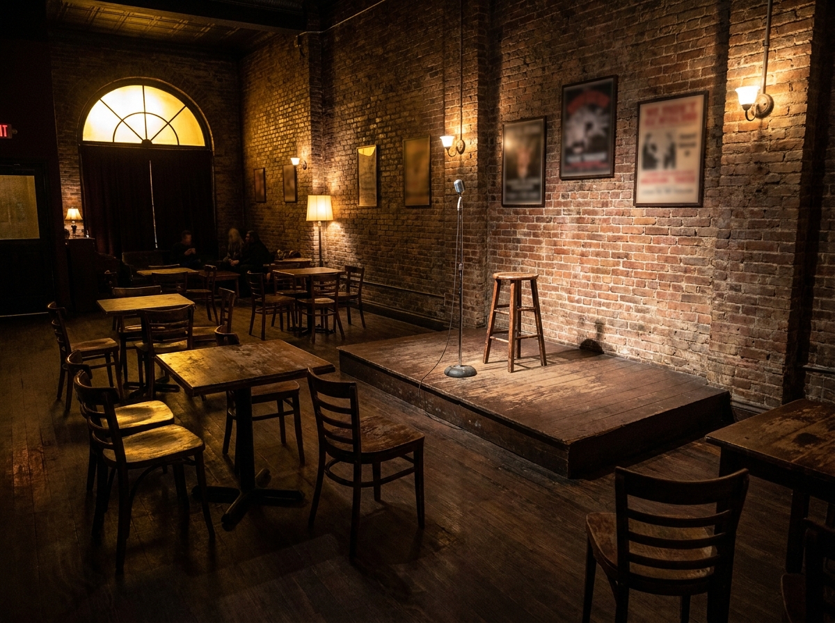 An empty stage at an intimate comedy club venue in Columbus.