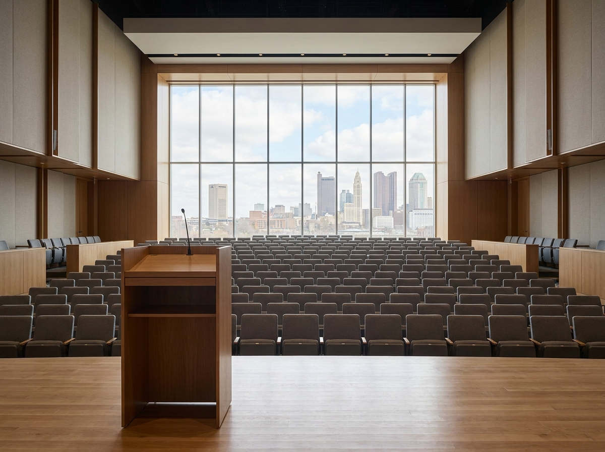An empty stage and seating area prepared for a business event in Columbus.