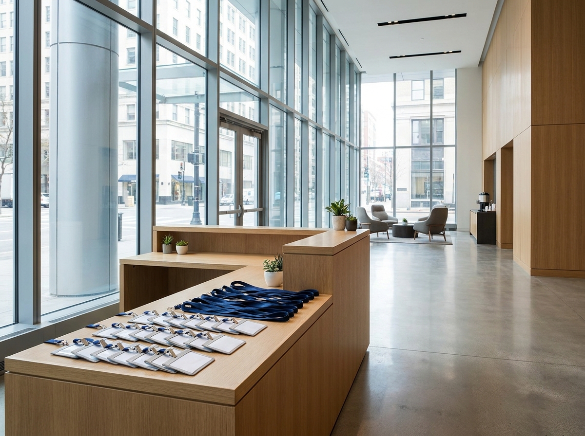 An empty registration desk with name tags ready for a networking event.