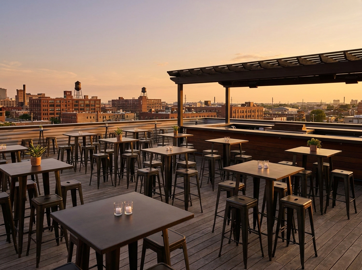 Rooftop venue set for an evening networking event in Columbus.