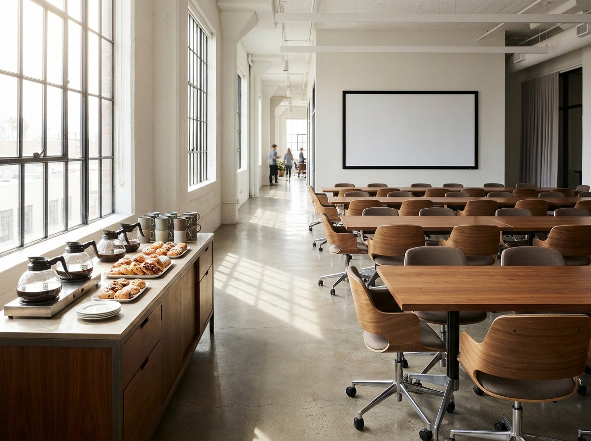 An empty co-working space set up for a professional workshop in Columbus.