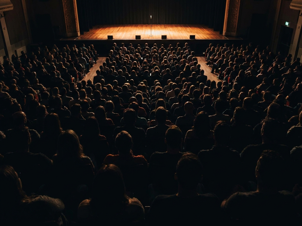 A silhouetted audience in a dark club watching an empty stage before a comedy show.