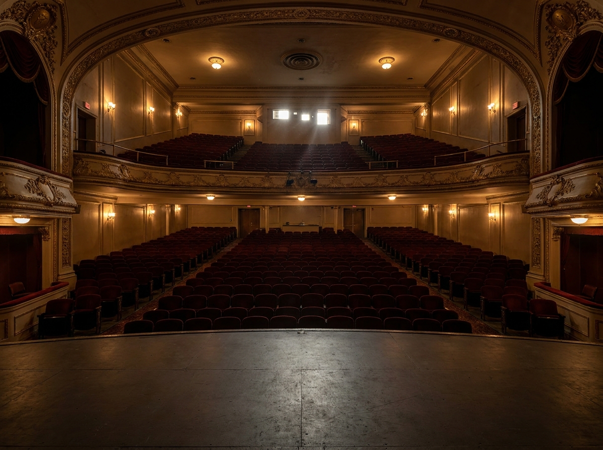 Rows of empty seats in a classic theater, viewed from the stage before a comedy event.