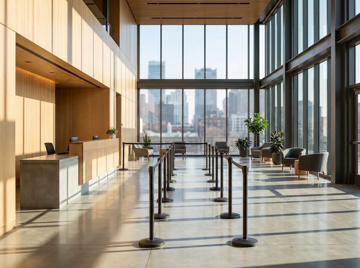 The empty check-in area and queue lines in the lobby of a modern venue for a comedy event.