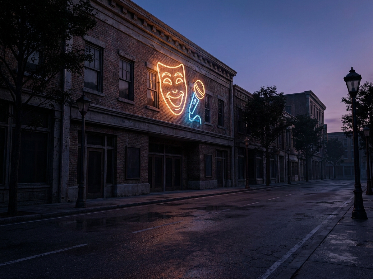 The brick facade of a comedy club at dusk, with a glowing neon sign.