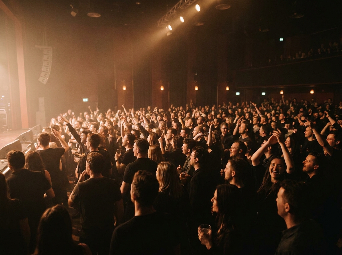 A happy, laughing audience at a live comedy show.