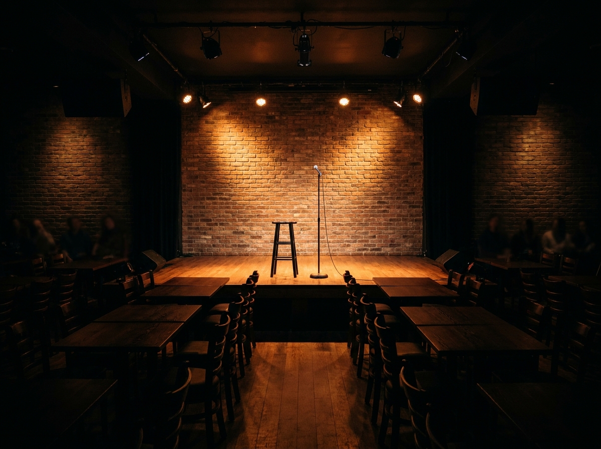 A microphone and stool on an empty comedy club stage before a show.