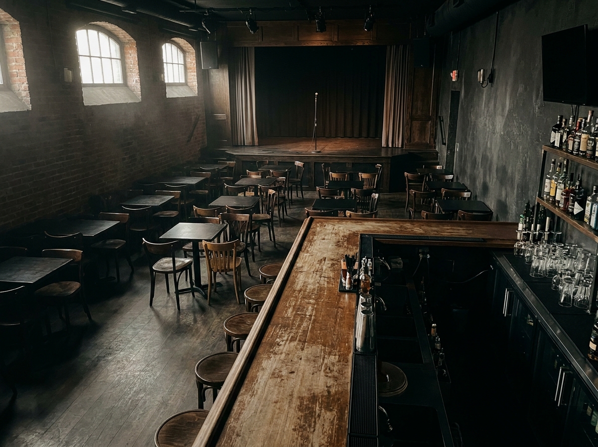The interior of an empty comedy club with tables and chairs facing the stage.