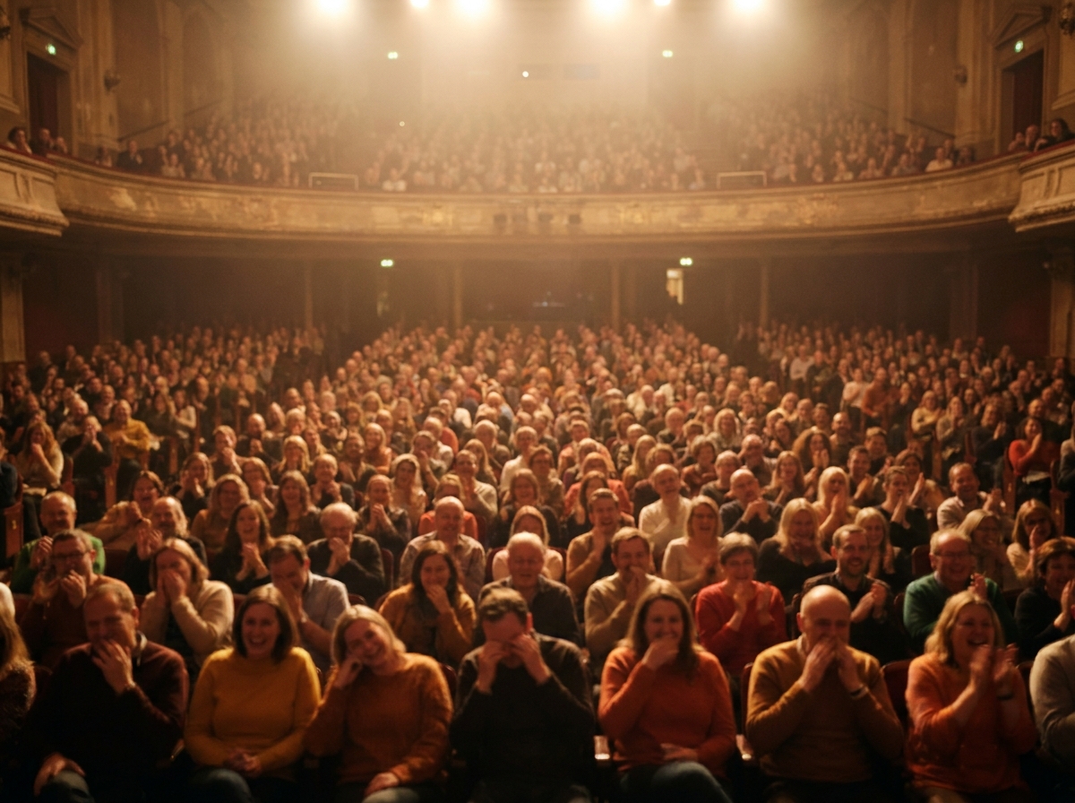 A large, happy audience laughing during a comedy show in a theater.
