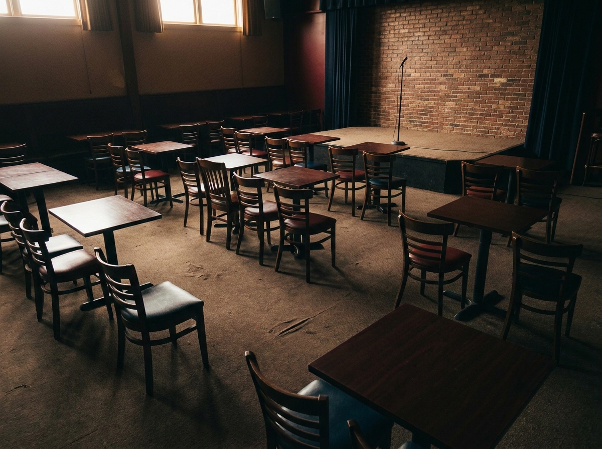 Empty tables and chairs facing a stage in a comedy club before a show.