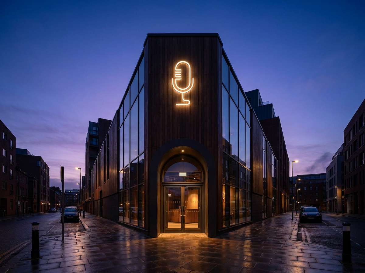 The entrance to a comedy club at dusk, with a glowing light.