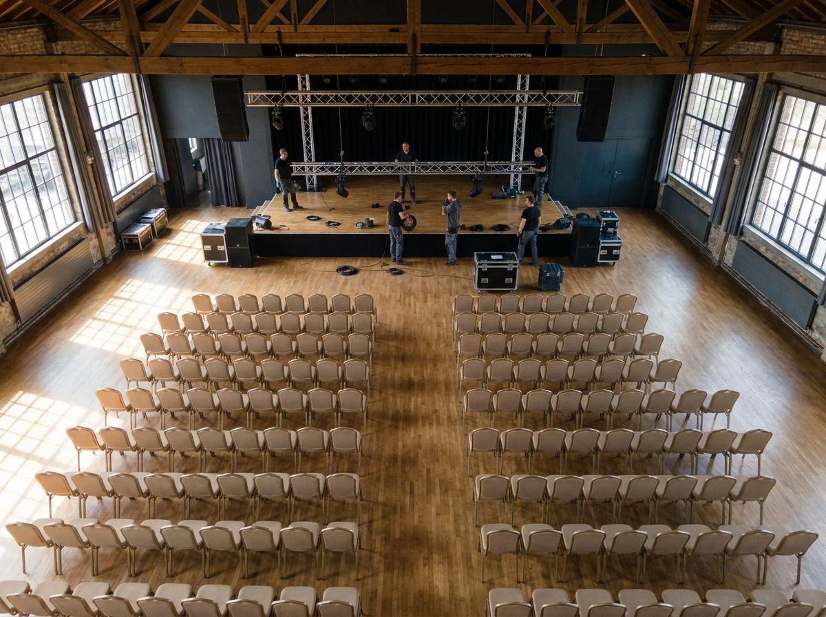 An empty theater with rows of seats being prepared for a comedy event.