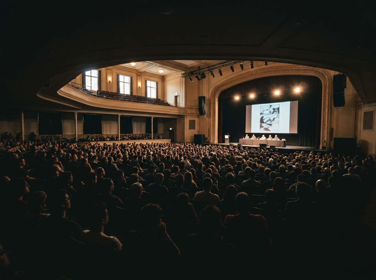 A large audience watches a panel discussion on a brightly lit stage at a comics convention.