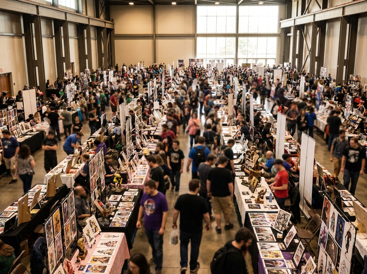 Attendees browsing the various booths in the artist alley at a comics event.