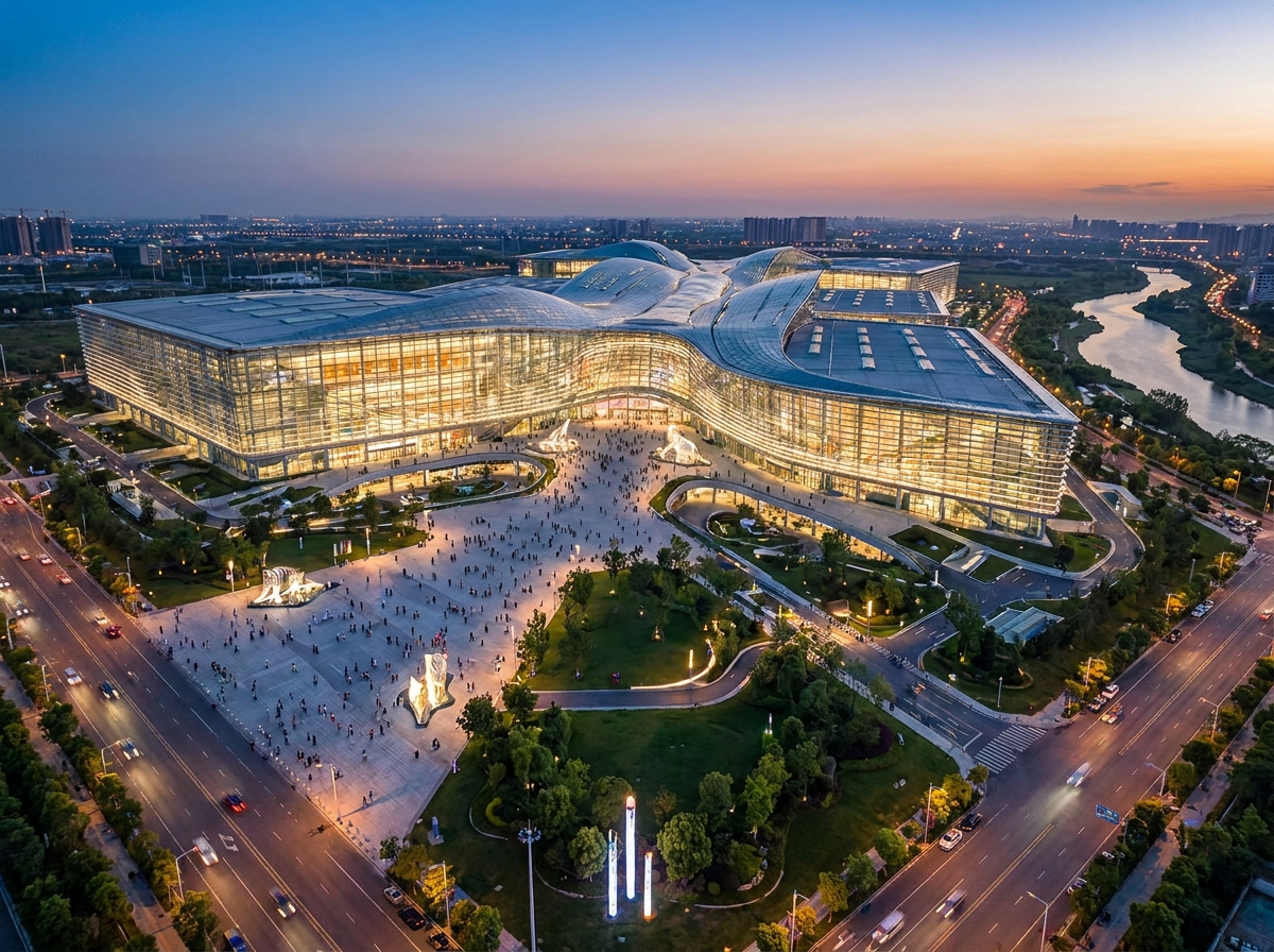 An aerial view of a large, modern convention center, the ideal venue for a comics event.
