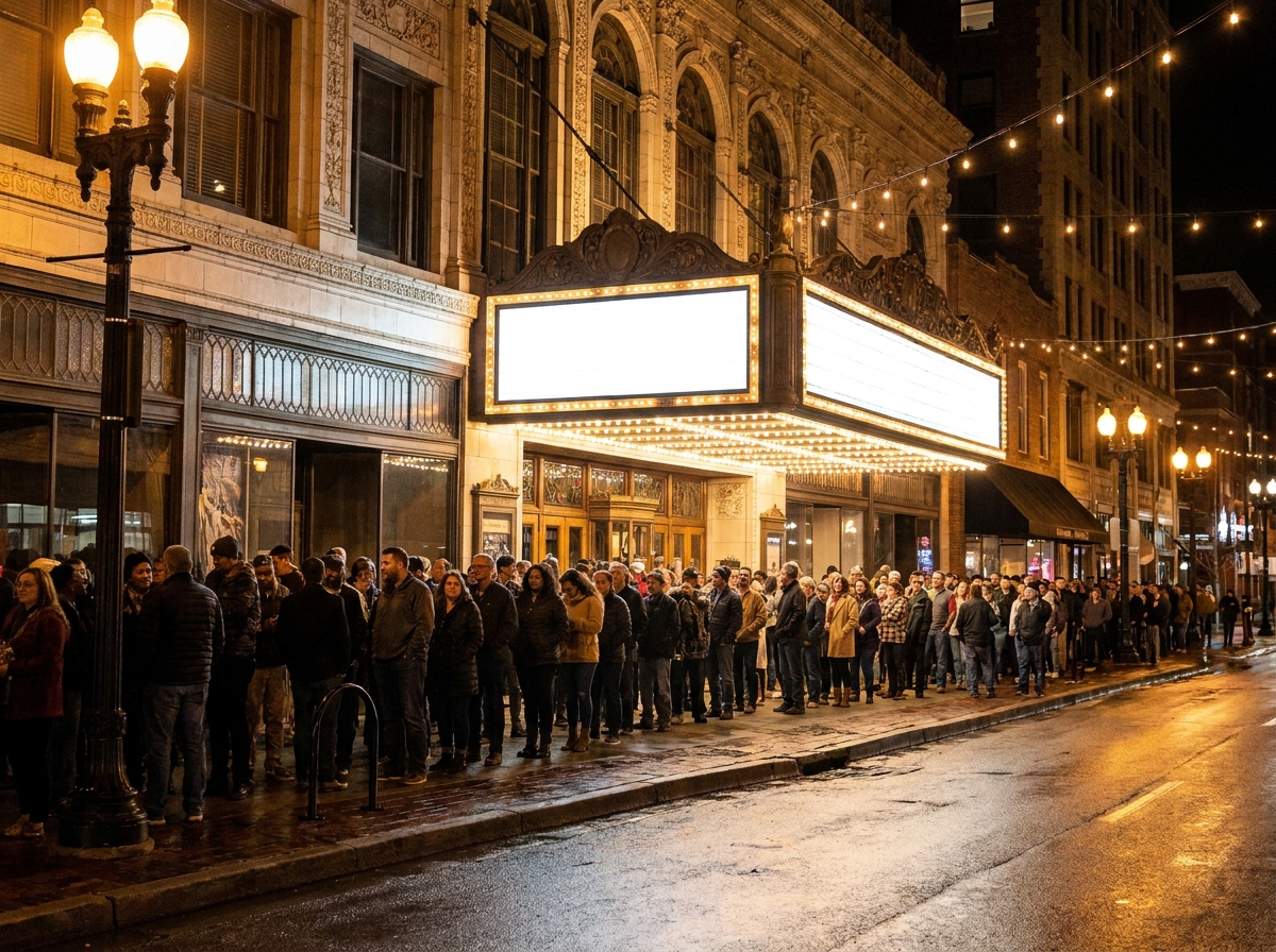 Fans lining up outside a concert venue before a show.