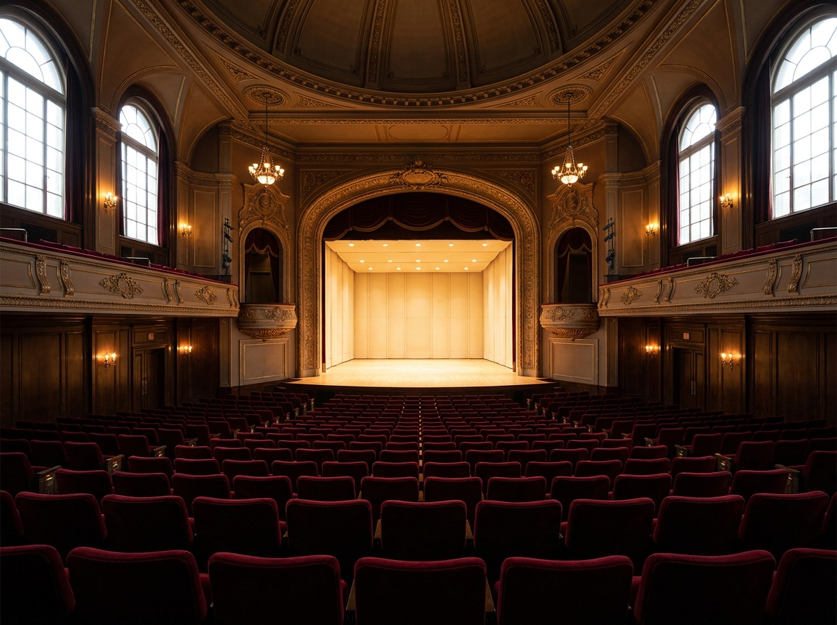 An empty concert hall stage and seating before a performance.