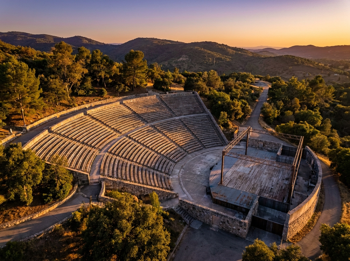 An empty outdoor amphitheater, ready for a concert performance.