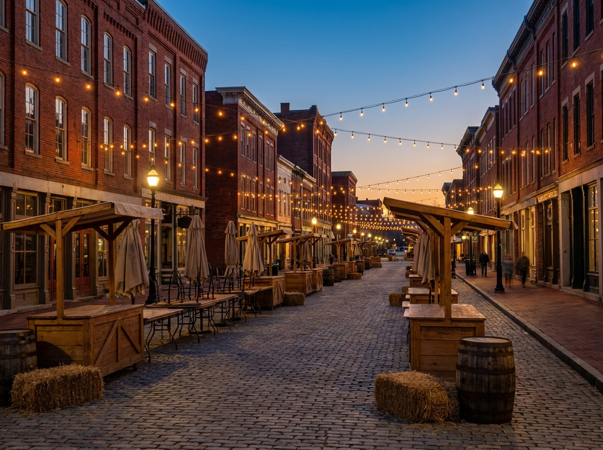 A quiet Main Street in Concord, NH set up for an evening community event.