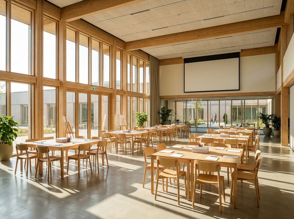 A prepared event space inside a Concord community hall, ready for guests.