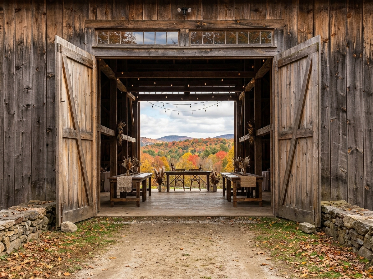 An empty barn event venue in New Hampshire, decorated for an autumn gathering.