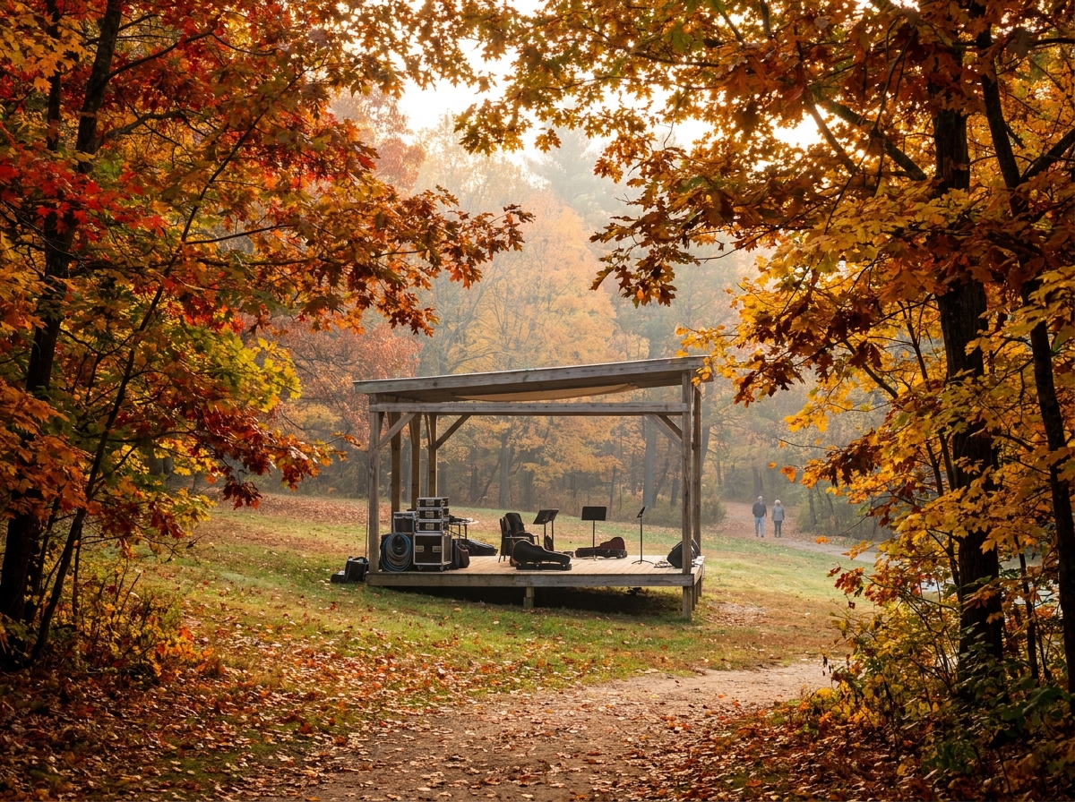 An outdoor stage in a Concord, NH park, ready for a fall festival.