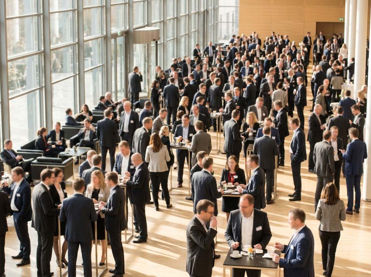Professionals networking during a break at a business conference.