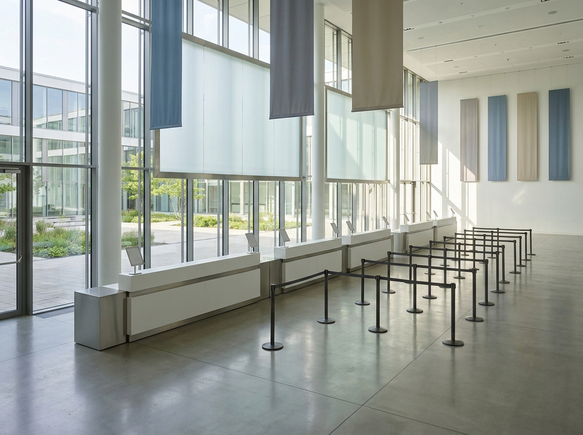 An organized and empty registration hall for a large conference.