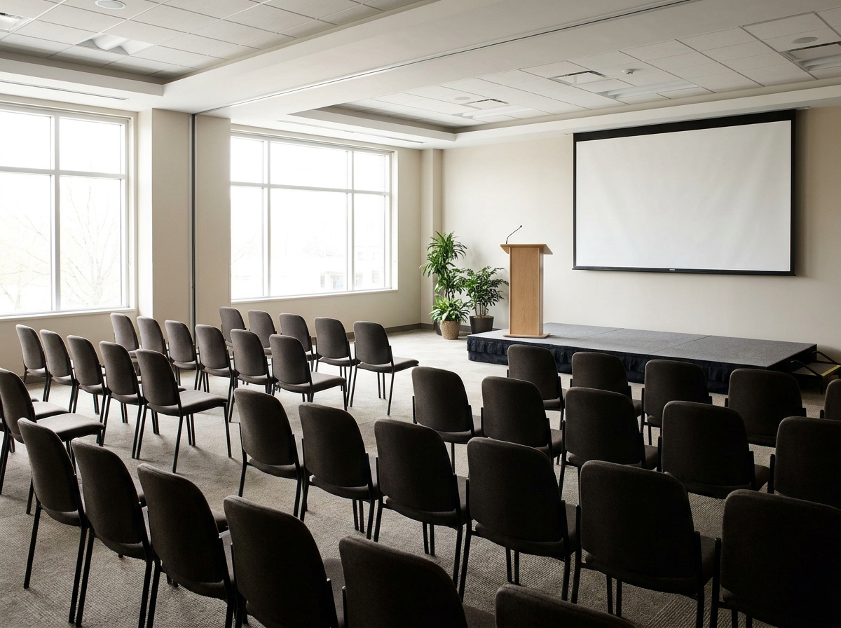 An empty breakout room at a conference, set up for a presentation.
