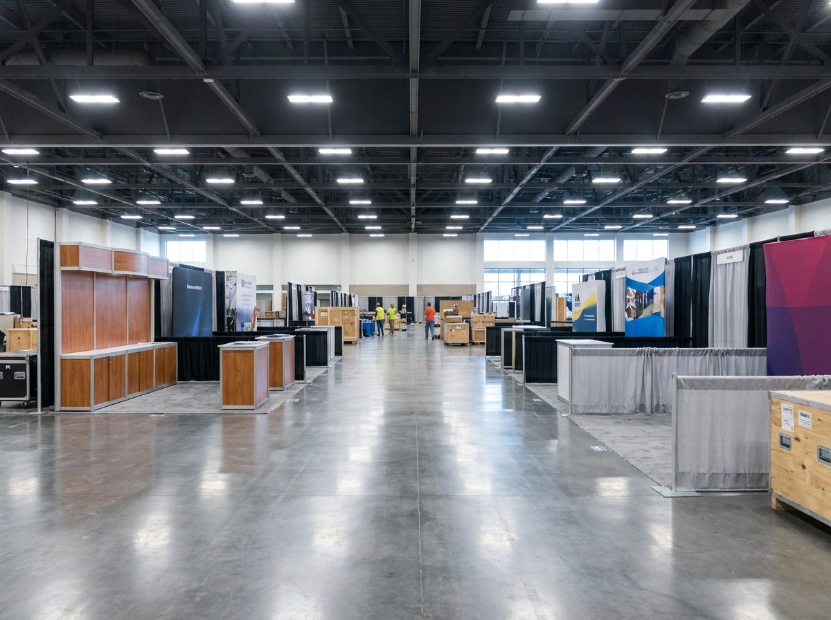 An empty expo hall with booths being set up for a professional conference.