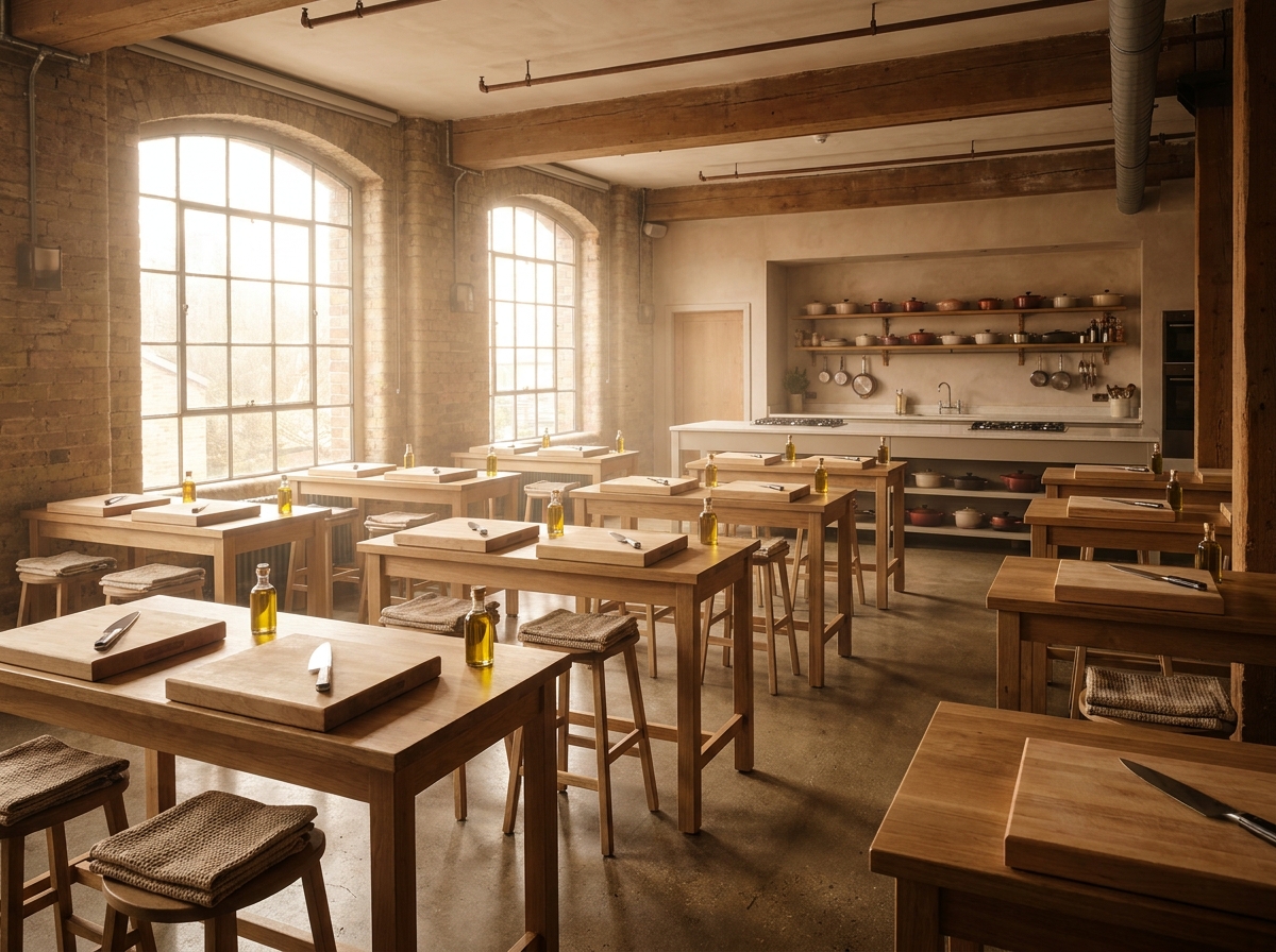 Workstations set up for attendees at a cooking class.