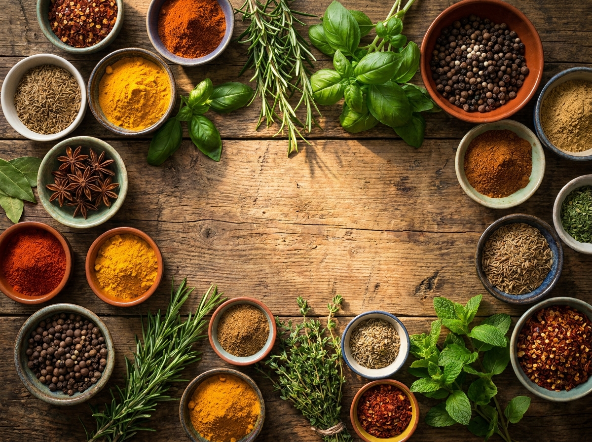 A collection of spices and herbs for a cooking class.