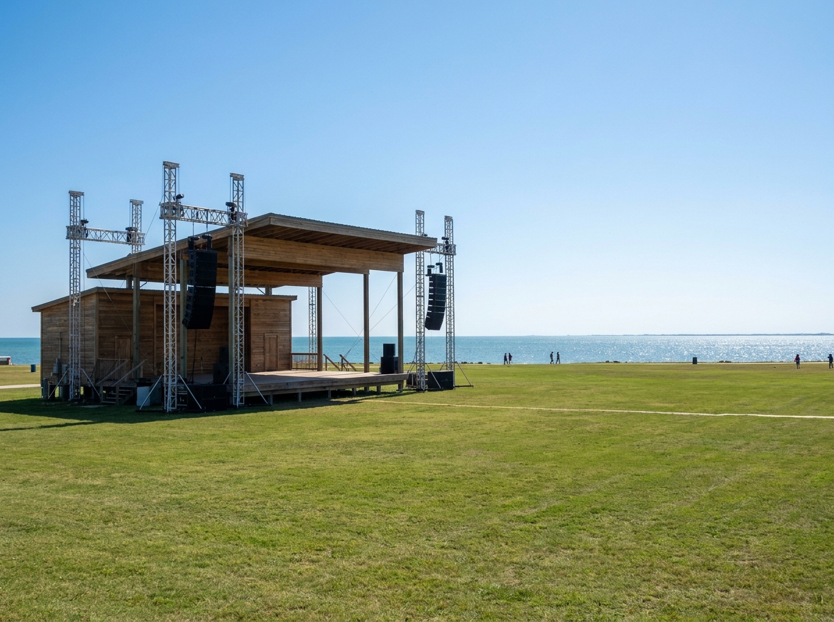 An empty festival stage set up near the water for a Corpus Christi event.