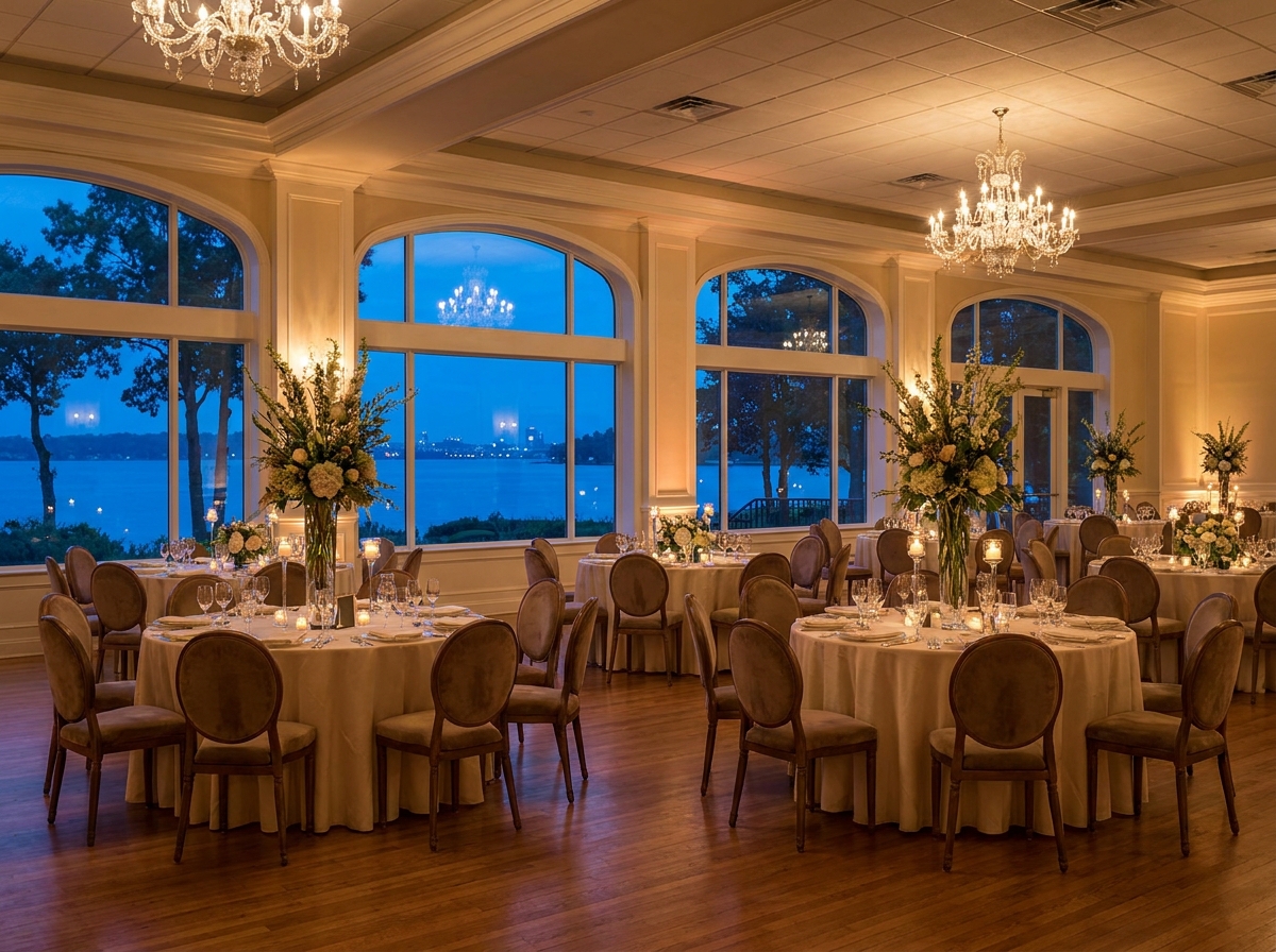 A formal event space with tables set for a gala overlooking the water.
