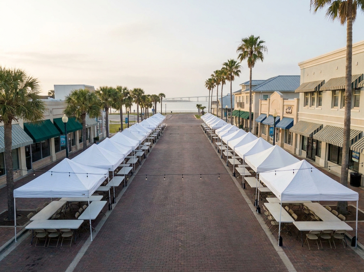 A downtown Corpus Christi street lined with empty tents in preparation for a festival.