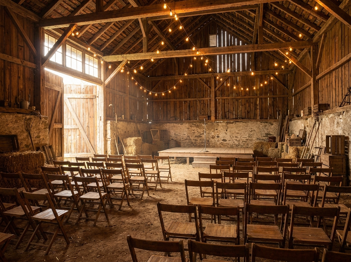 An empty barn decorated with string lights, prepared for a country music concert.