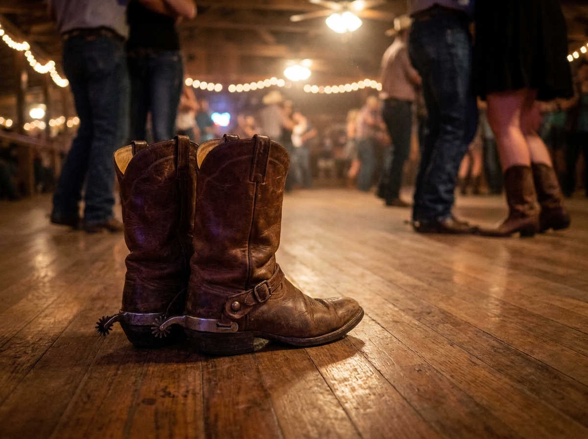 A pair of cowboy boots on a wooden dance floor at a country event.