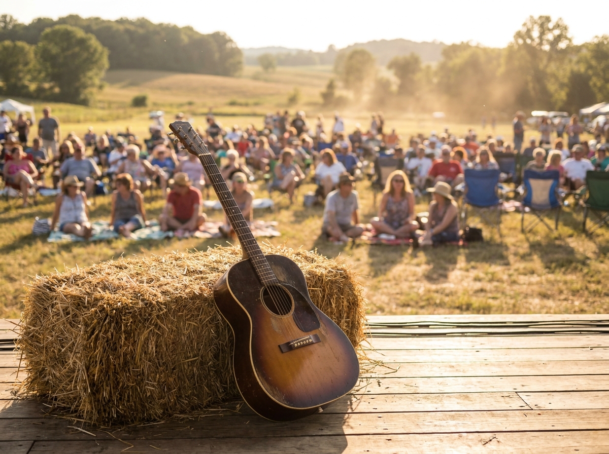 An acoustic guitar resting on a hay bale on a rustic stage before a country performance.
