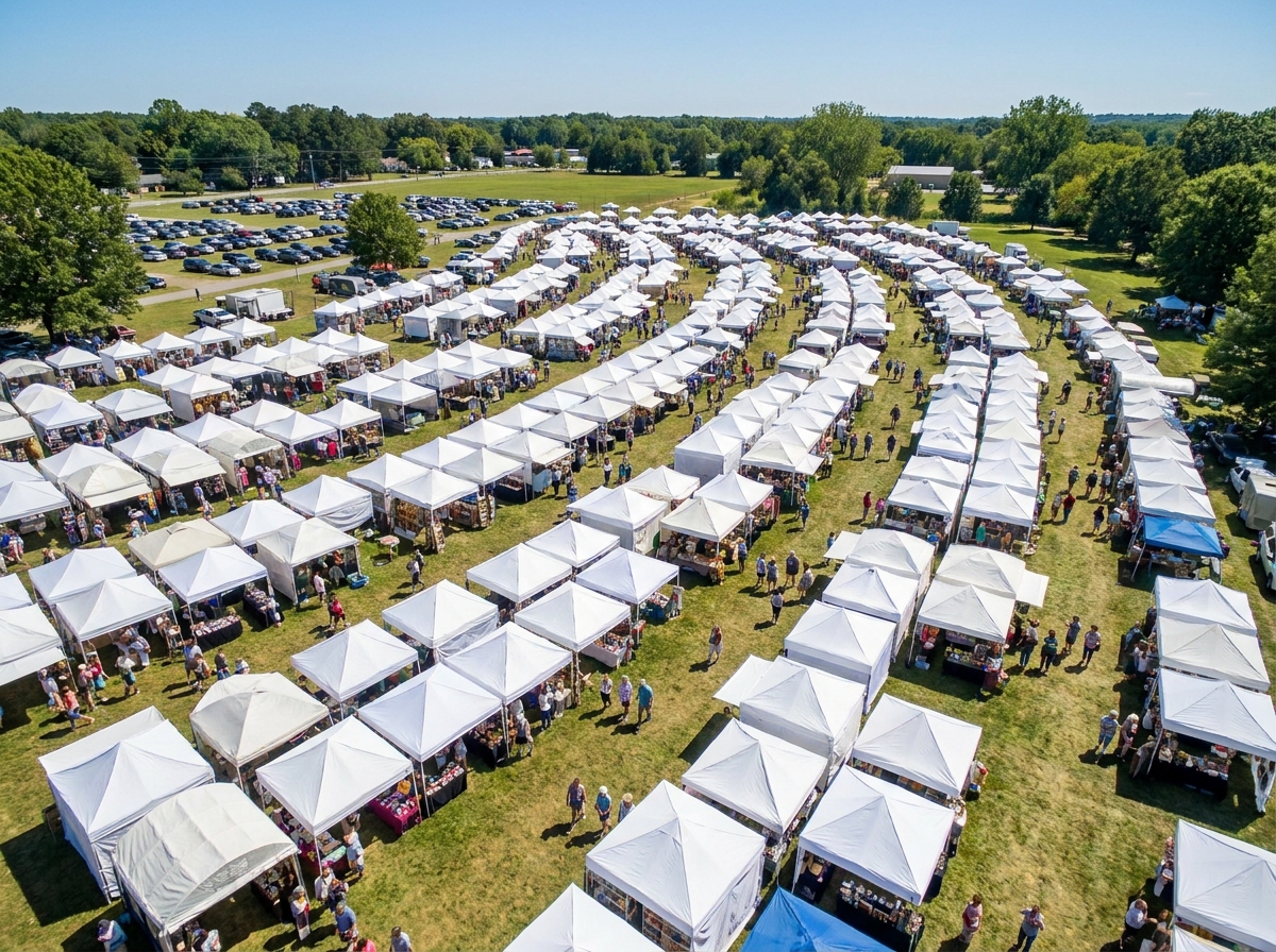 Aerial view of a busy outdoor craft market with many tents and attendees.