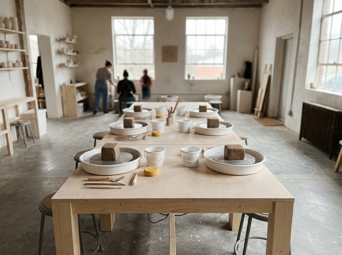 A neatly organized pottery workshop table with tools and clay, ready for a craft event.