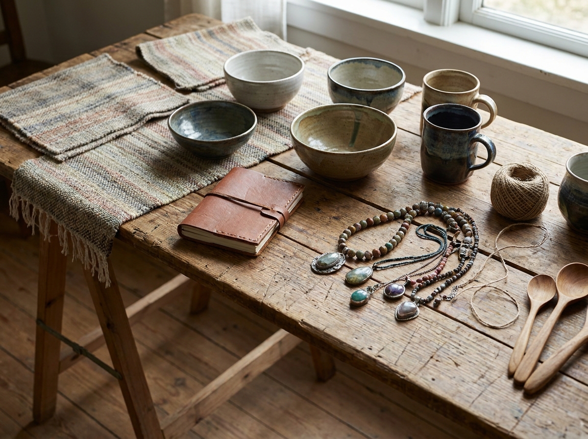 A variety of beautiful handmade craft items displayed on a wooden surface.