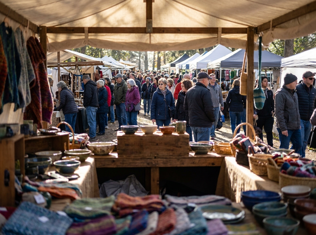 The energetic atmosphere of a craft fair as seen from behind a vendor's booth.