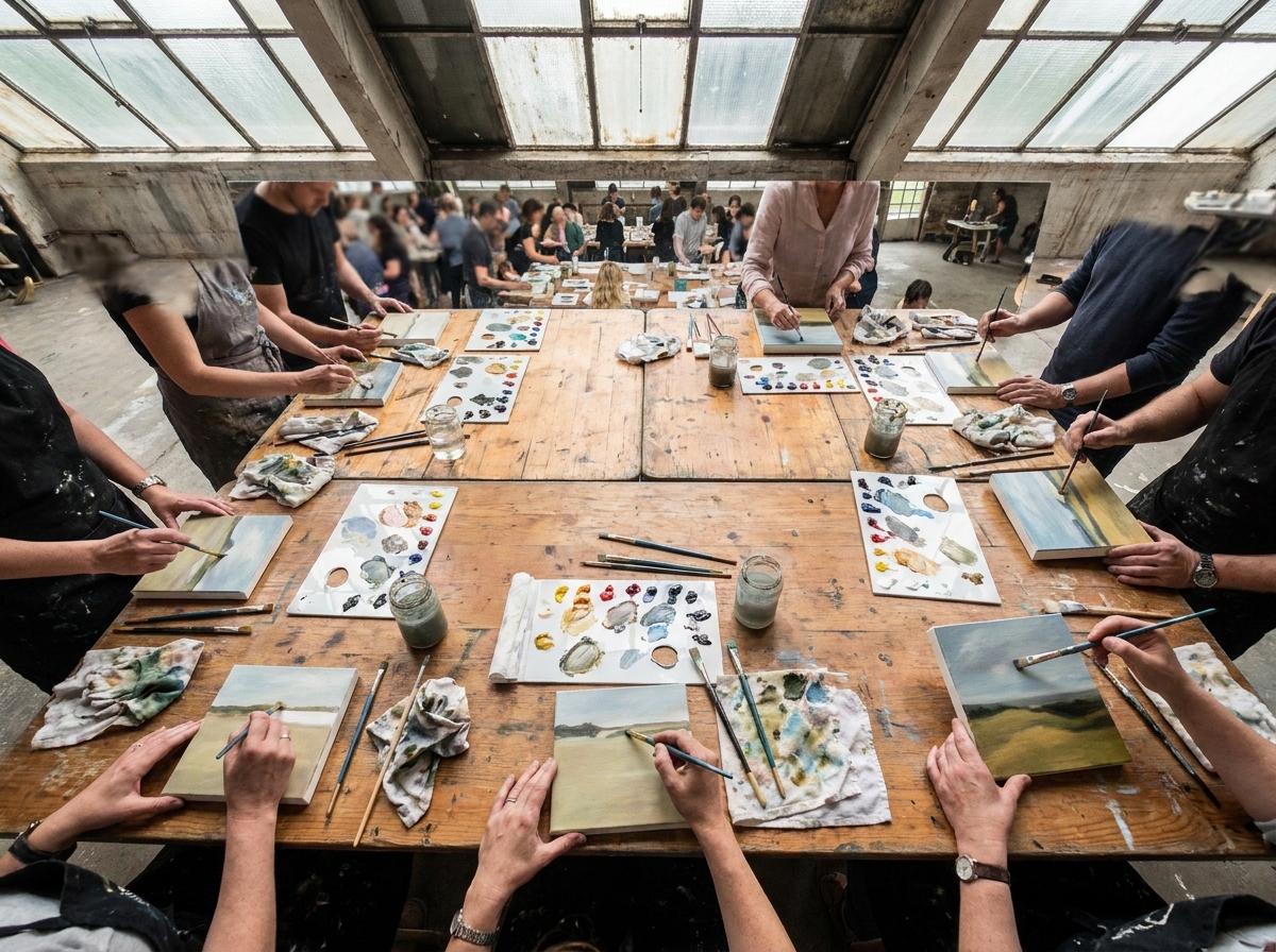 People painting on small canvases at a craft workshop.