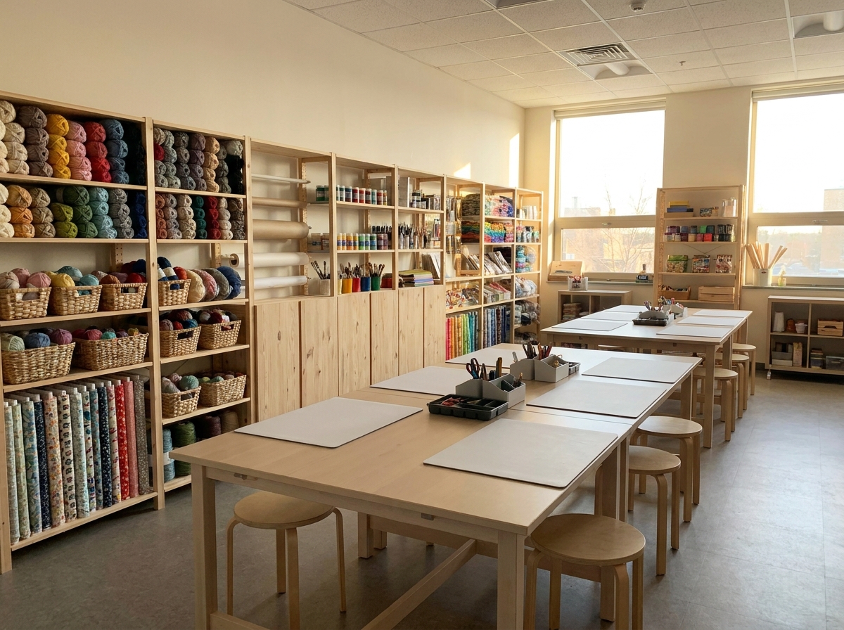 Well-organized shelves of supplies in a craft workshop room.