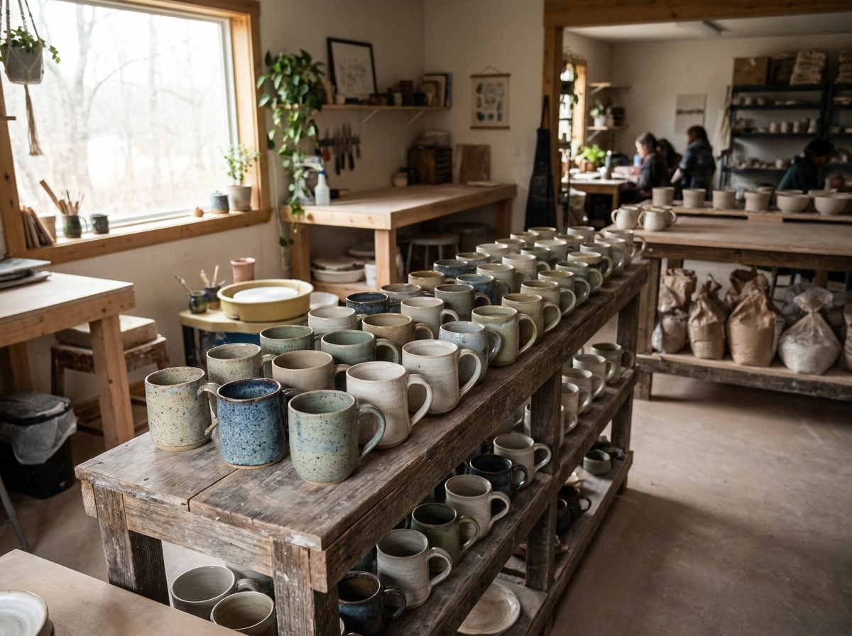 Finished handmade ceramic mugs displayed on a shelf.