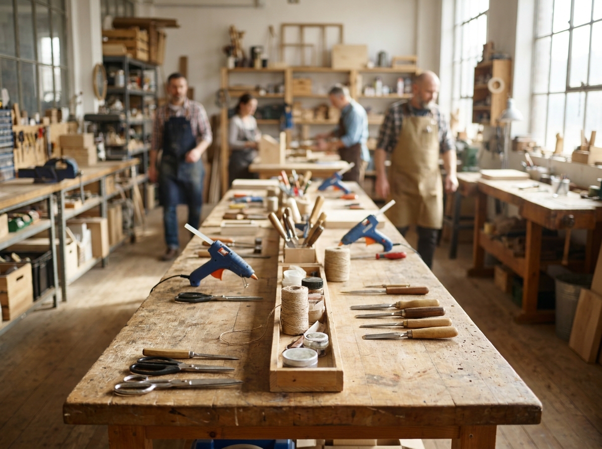 A workbench with various tools laid out for a craft workshop.