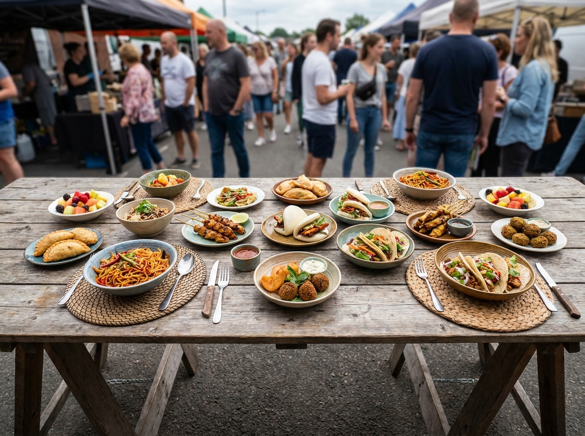 A colorful variety of street food dishes on display during a food walk.