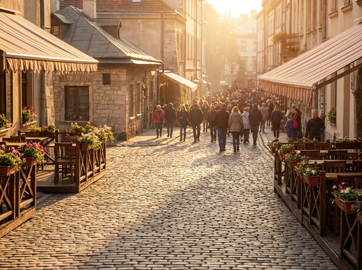 A charming European-style street with cafes, a typical setting for a culinary tour.