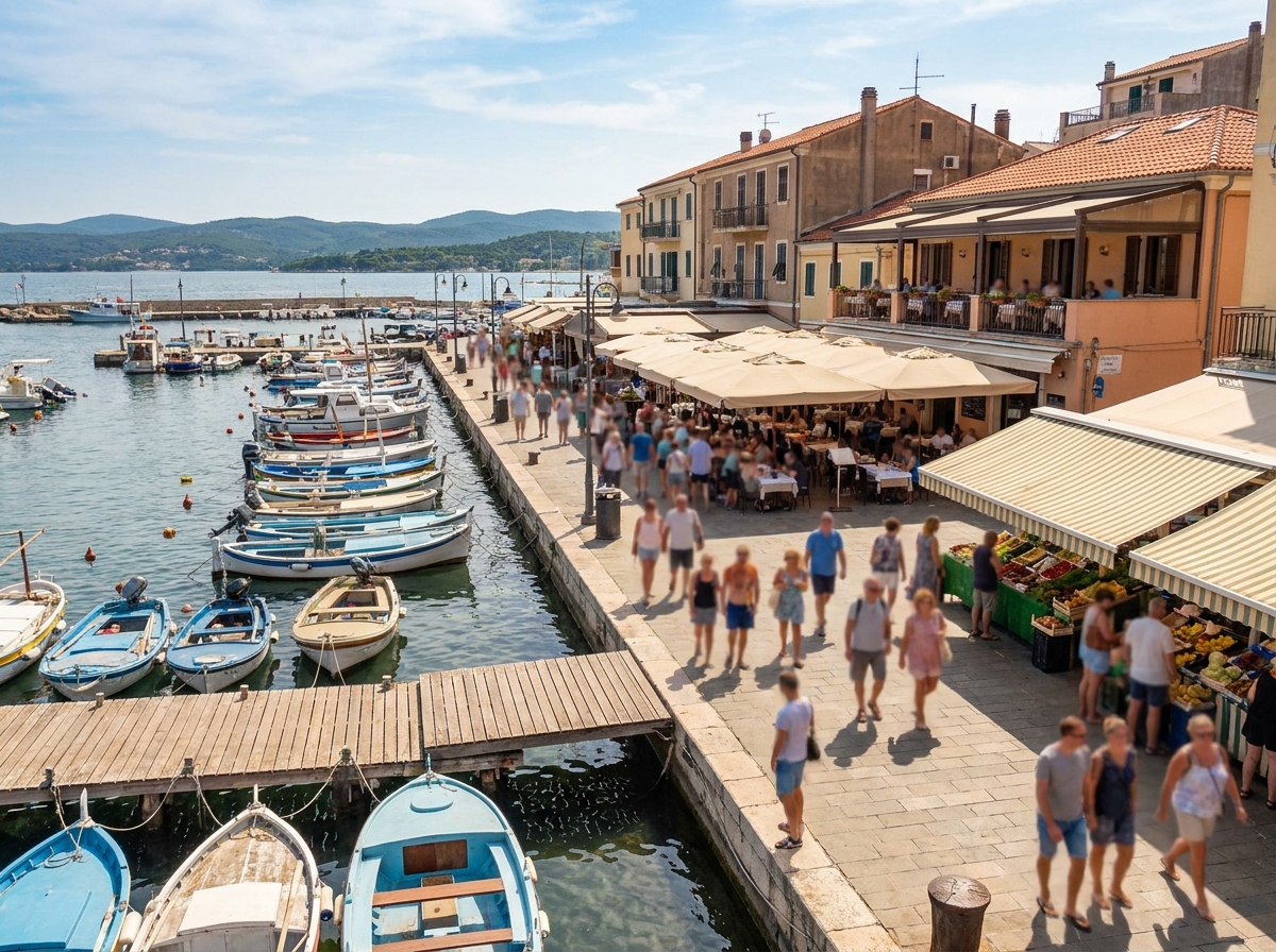 A sunny waterfront with seafood restaurants, a perfect location for a culinary tour.