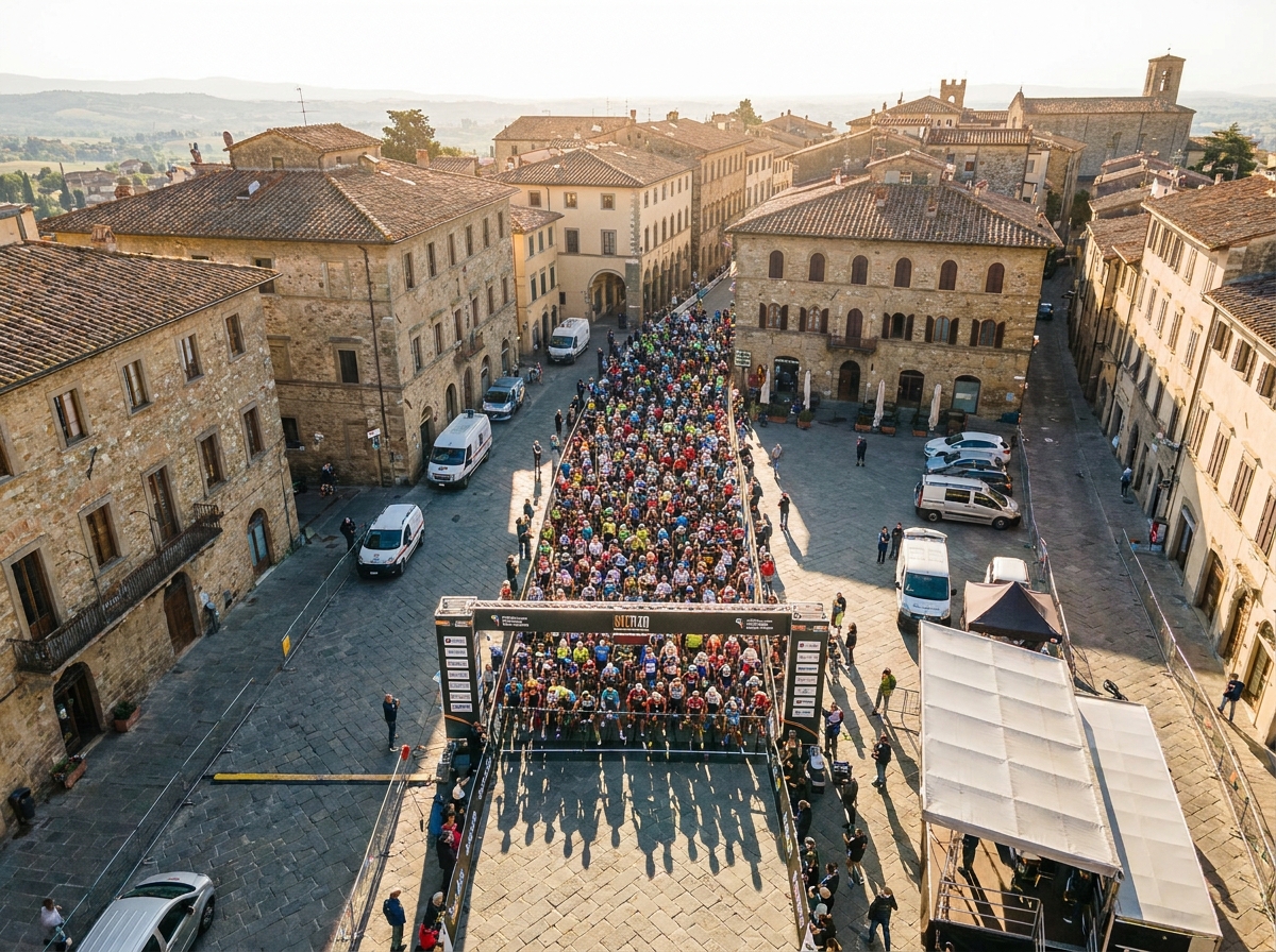 A large crowd of cyclists gathered at the starting line of a major cycling event.